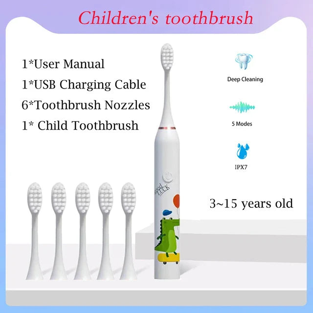 **Kids Sonic Electric Toothbrush – Cartoon Design with Soft Bristles & Replacement Head**