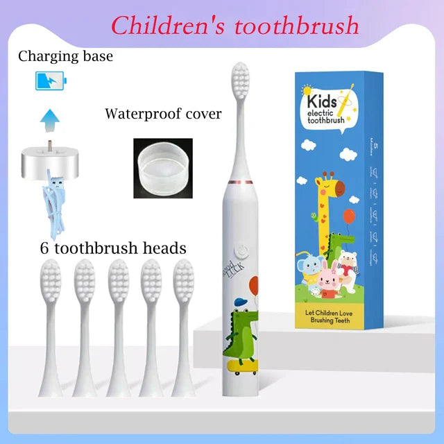 **Kids Sonic Electric Toothbrush – Cartoon Design with Soft Bristles & Replacement Head**