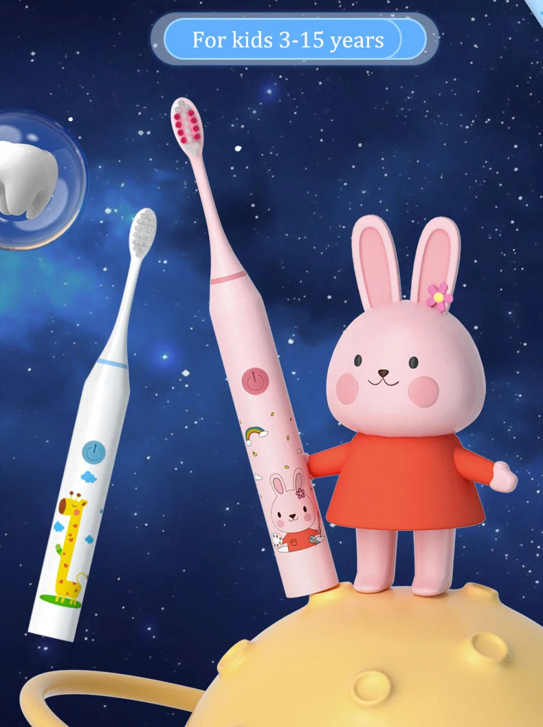 **Kids Sonic Electric Toothbrush – Cartoon Design with Soft Bristles & Replacement Head**