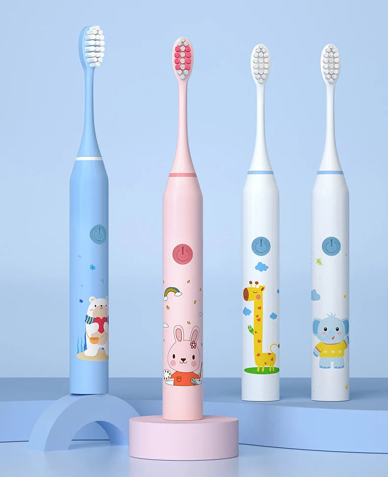 **Kids Sonic Electric Toothbrush – Cartoon Design with Soft Bristles & Replacement Head**