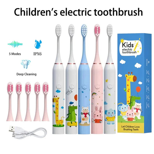 **Kids Sonic Electric Toothbrush – Cartoon Design with Soft Bristles & Replacement Head**