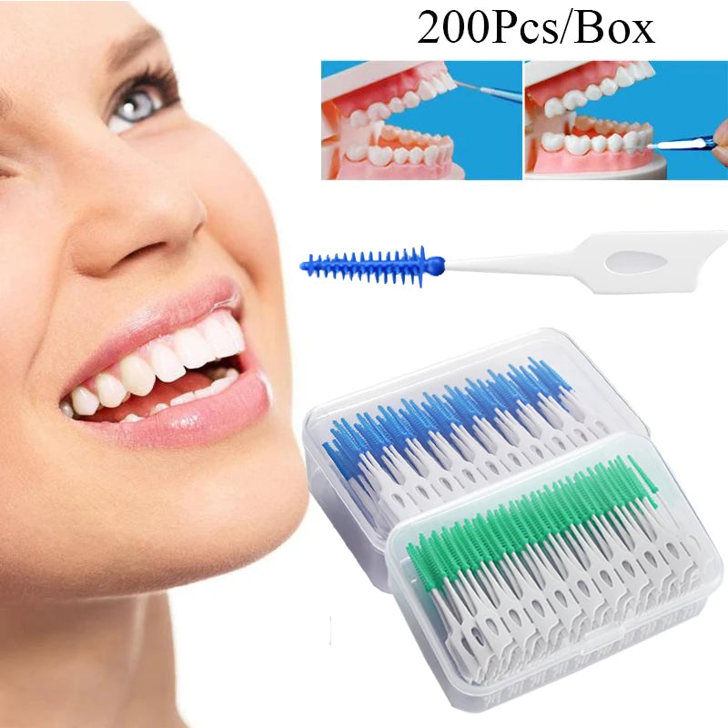 **200PCS Interdental Silicone Brushes – Dental Floss Picks for Deep Oral Cleaning**