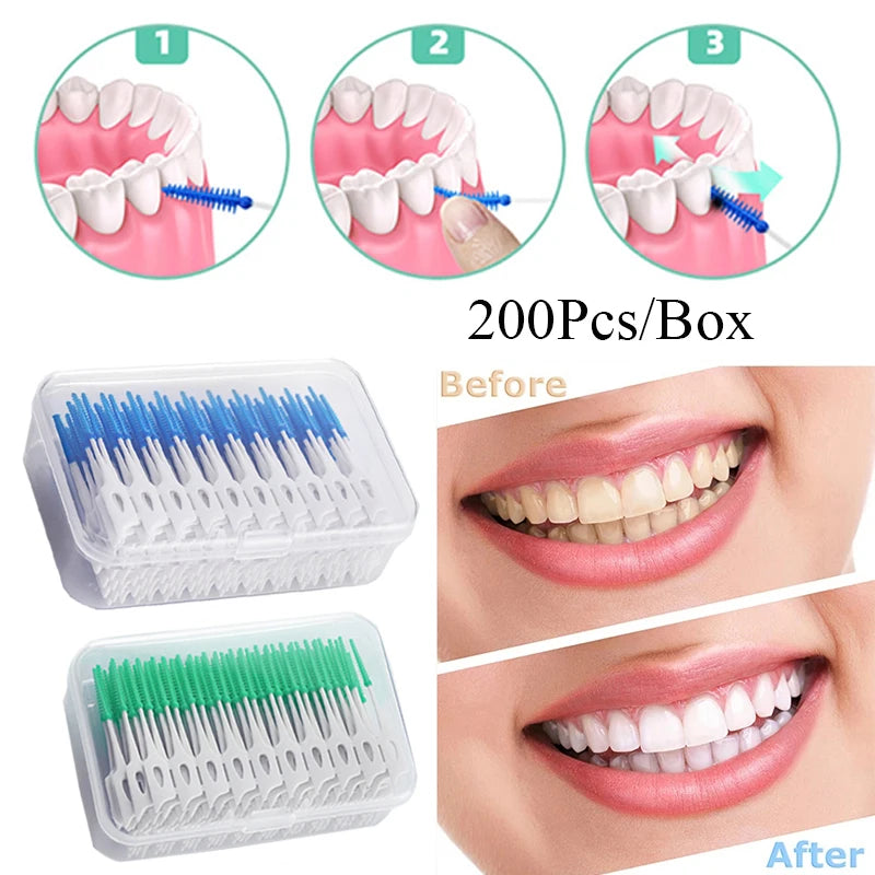 **200PCS Interdental Silicone Brushes – Dental Floss Picks for Deep Oral Cleaning**