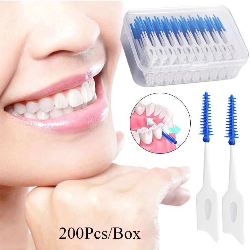 **200PCS Interdental Silicone Brushes – Dental Floss Picks for Deep Oral Cleaning**