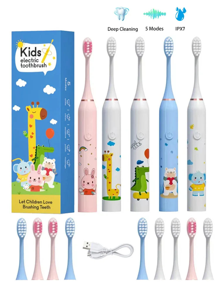 **Kids Sonic Electric Toothbrush – Cartoon Design with Soft Bristles & Replacement Head**