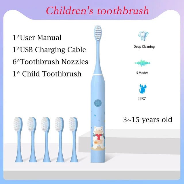 **Kids Sonic Electric Toothbrush – Cartoon Design with Soft Bristles & Replacement Head**