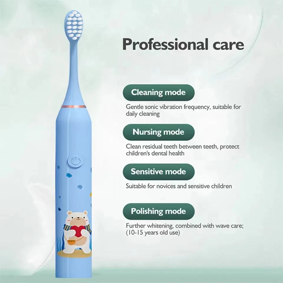 **Kids Sonic Electric Toothbrush – Cartoon Design with Soft Bristles & Replacement Head**