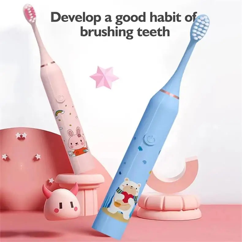 **Kids Sonic Electric Toothbrush – Cartoon Design with Soft Bristles & Replacement Head**