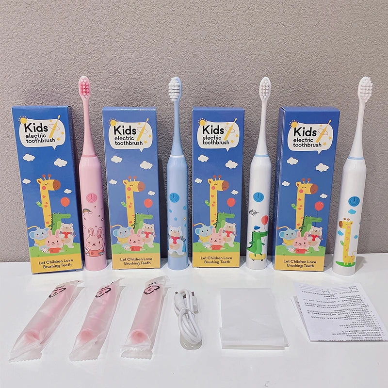 **Kids Sonic Electric Toothbrush – Cartoon Design with Soft Bristles & Replacement Head**