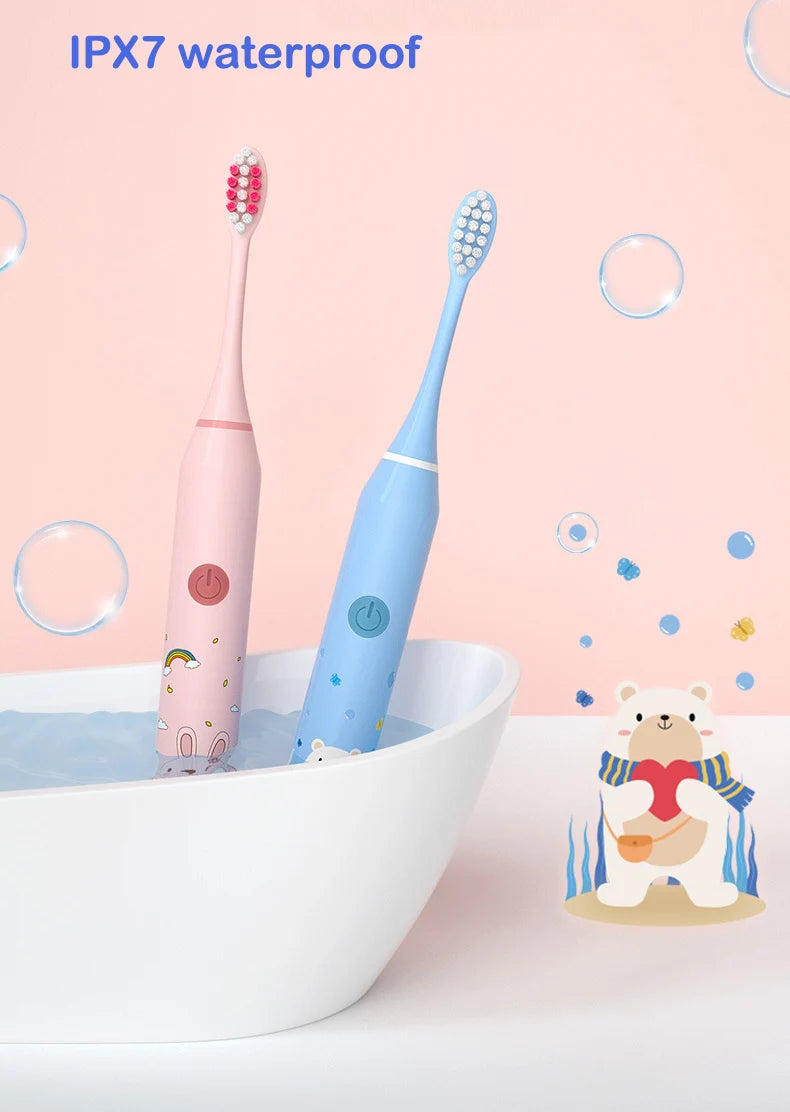 **Kids Sonic Electric Toothbrush – Cartoon Design with Soft Bristles & Replacement Head**