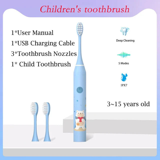 **Kids Sonic Electric Toothbrush – Cartoon Design with Soft Bristles & Replacement Head**