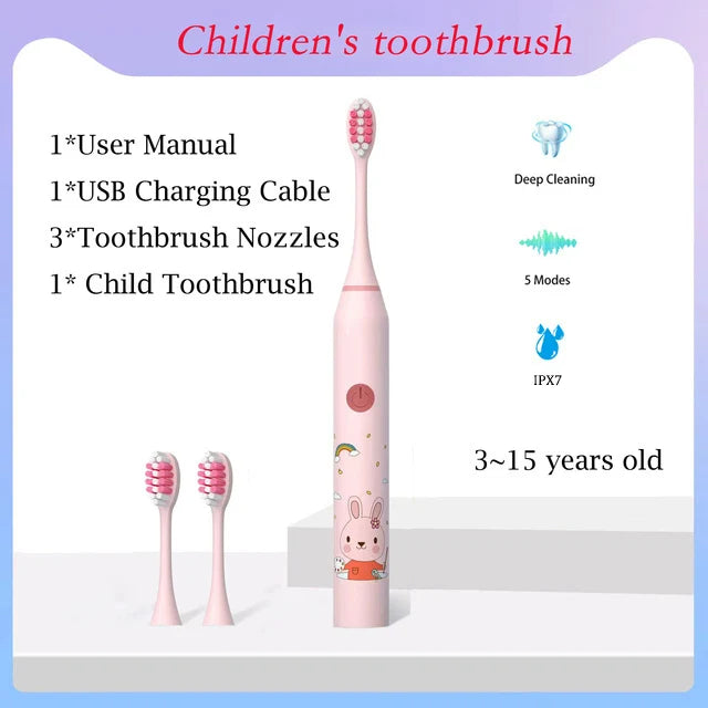 **Kids Sonic Electric Toothbrush – Cartoon Design with Soft Bristles & Replacement Head**