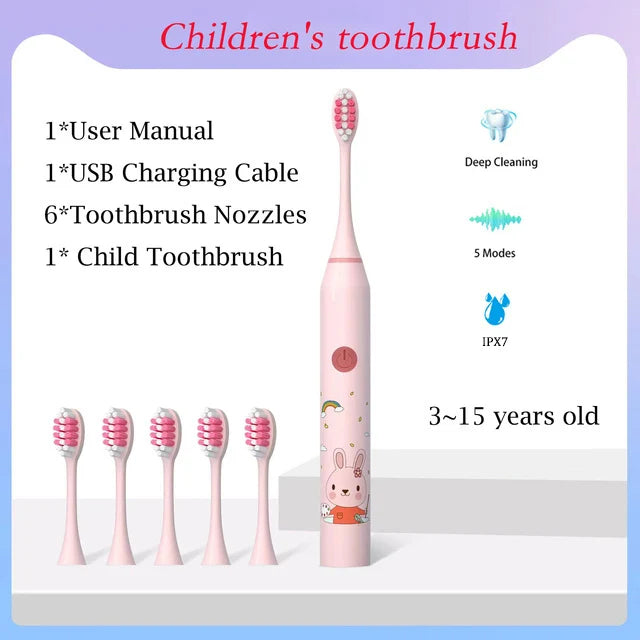 **Kids Sonic Electric Toothbrush – Cartoon Design with Soft Bristles & Replacement Head**