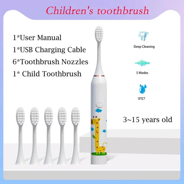 **Kids Sonic Electric Toothbrush – Cartoon Design with Soft Bristles & Replacement Head**